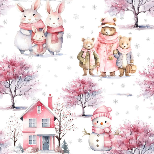 Cute Animals in the Pink Winter Scene Cottagecore Toile Pattern for Children