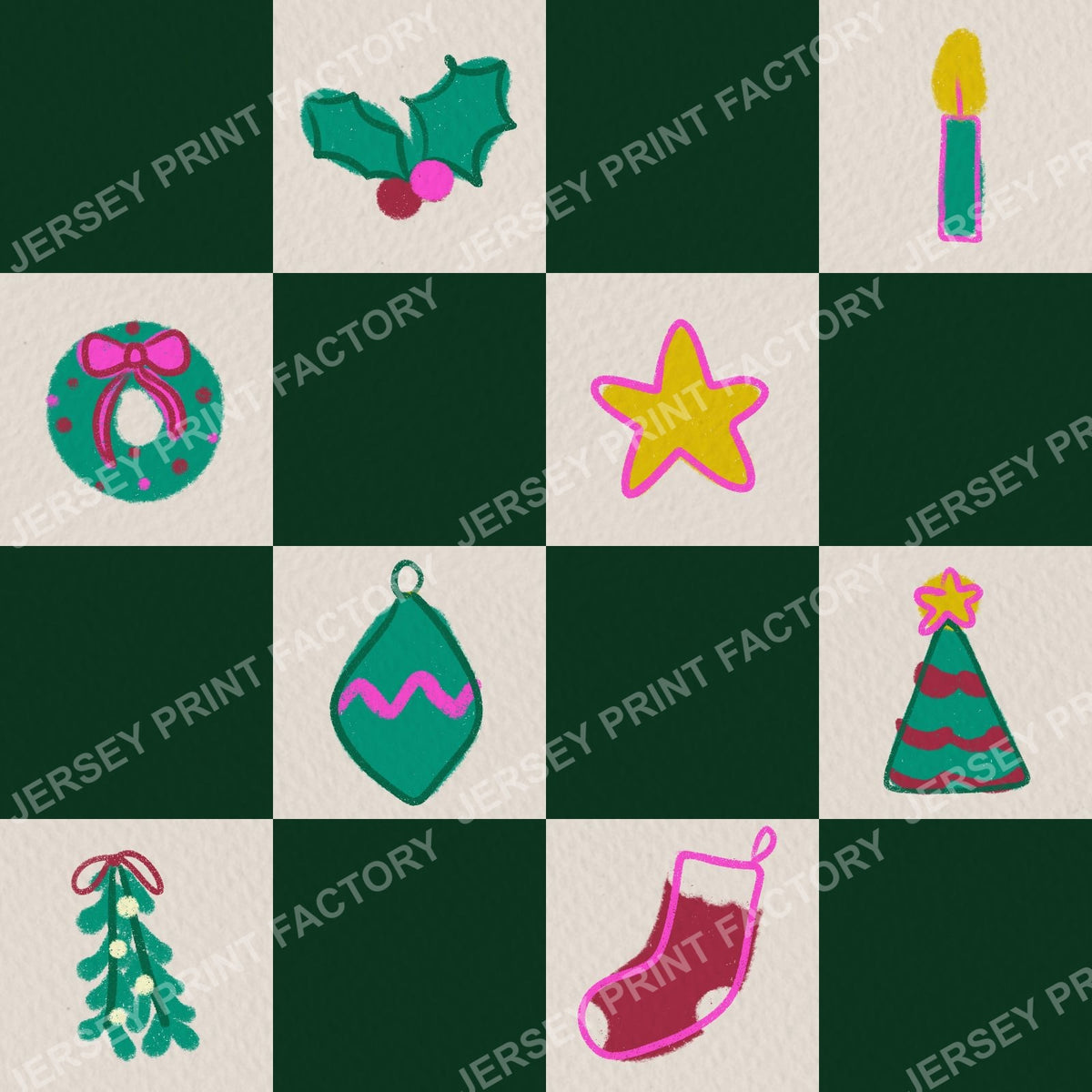 Christmas Checkerboard with Festive Doodles in Dark Green