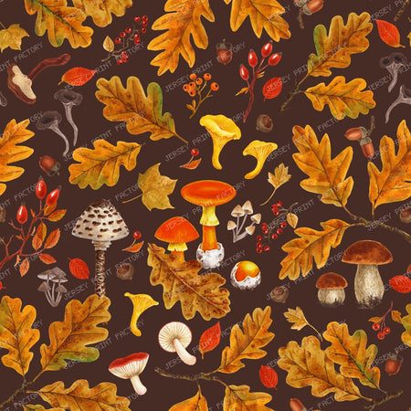 Forest mushrooms and autumn flora on brown