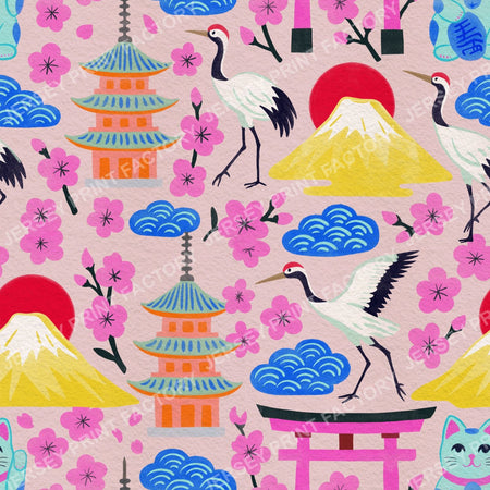 Vibrant Colours Springtime Japan, Maximalist Hand Drawn on Soft Pink