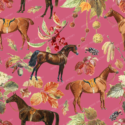 Autumn Horses and Forest Plants Cottagecore Vintage Chic Botanical Pattern on Sage Green — Raspberry Pink