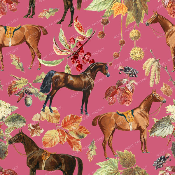 Autumn Horses and Forest Plants Cottagecore Vintage Chic Botanical Pattern on Sage Green — Raspberry Pink