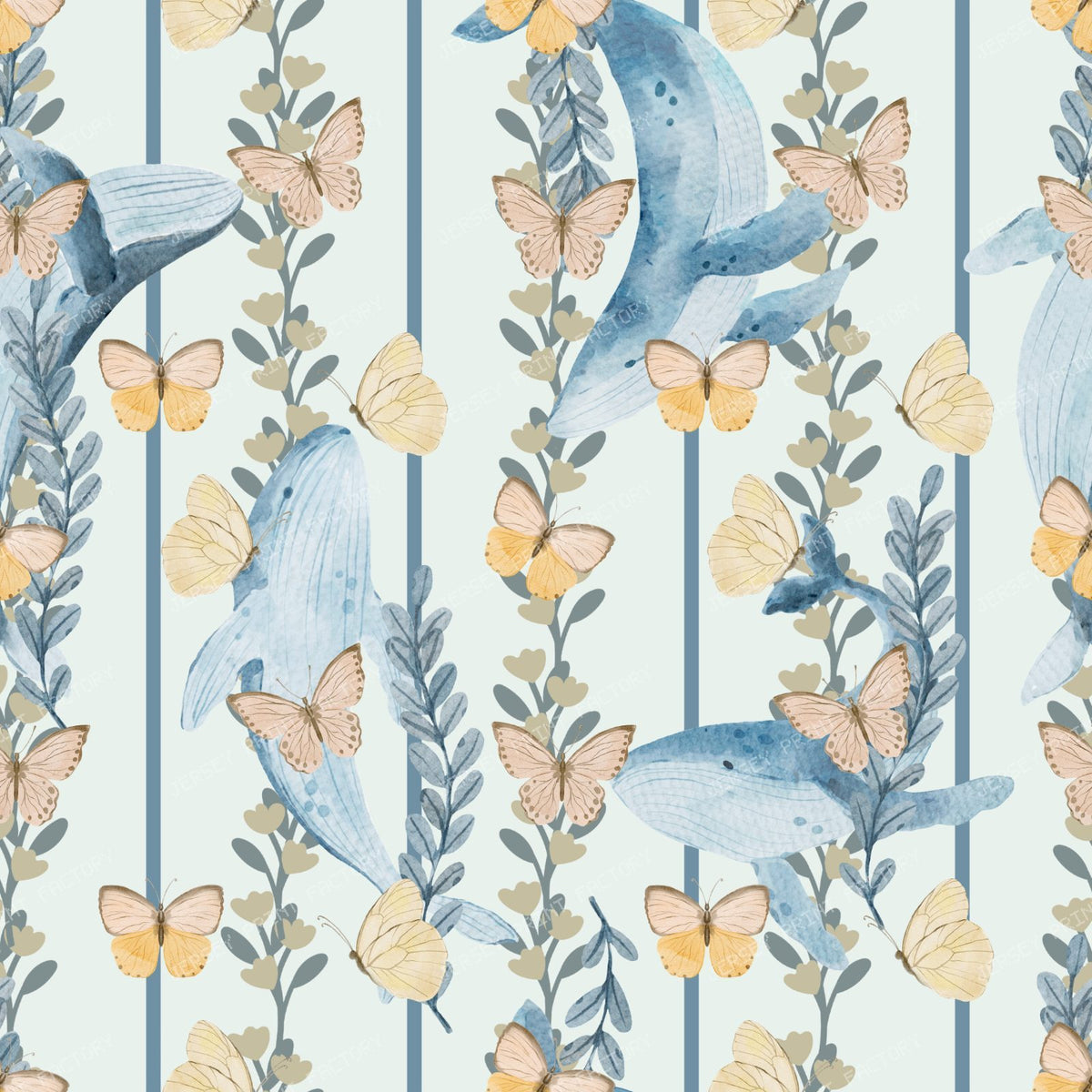Blue Humpback Whales and Butterflies Striped Pastel - Grey Green