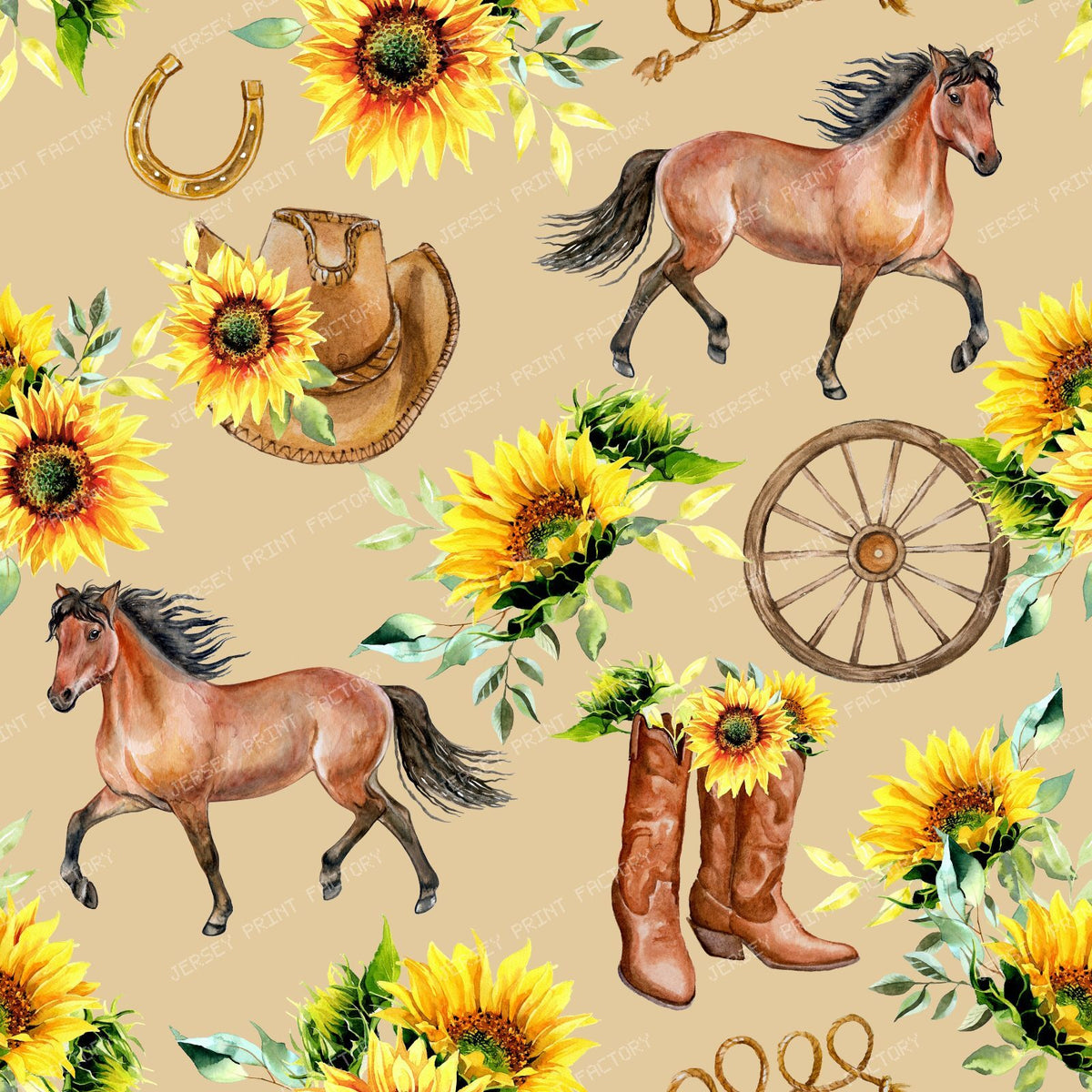 Horses and Sunflowers Country Farm Life Toile Pattern on Taupe — Beige Brown