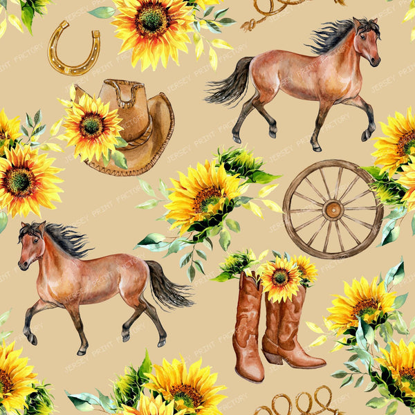 Horses and Sunflowers Country Farm Life Toile Pattern on Taupe — Beige Brown