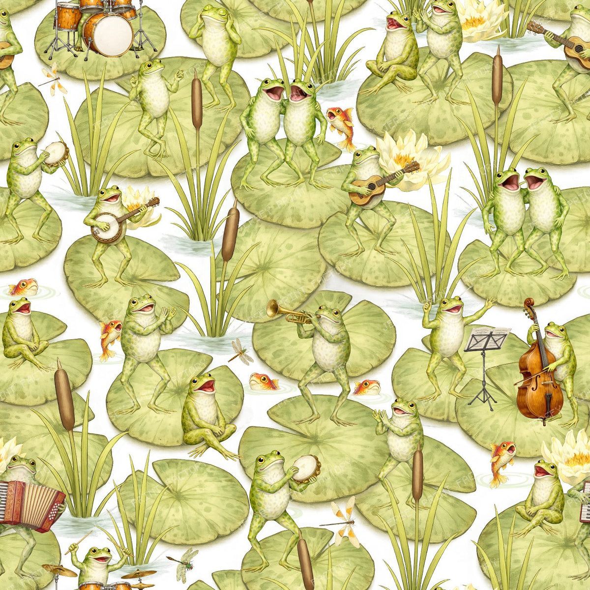 Whimsical Vintage Musical Frogs Playing Instruments on Lily Pads in a Pond - Light BLue — Light