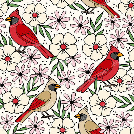 Cardinal Birds And Ivory Flower Blossoms Off White