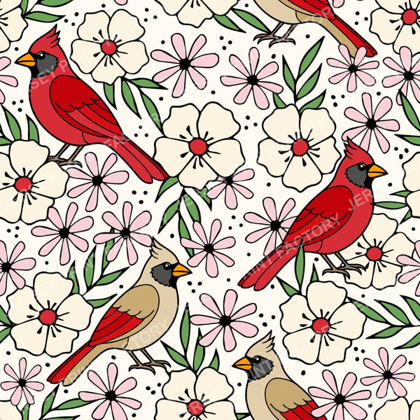 Cardinal Birds And Ivory Flower Blossoms Off White