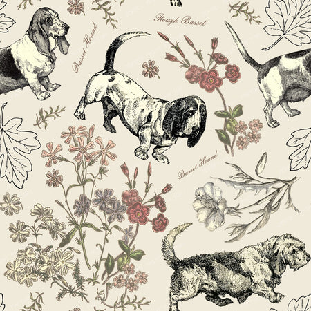 Basset Hound Dogs and Wildflowers Vintage-Chic Cottagecore Pattern on Pink — Cream
