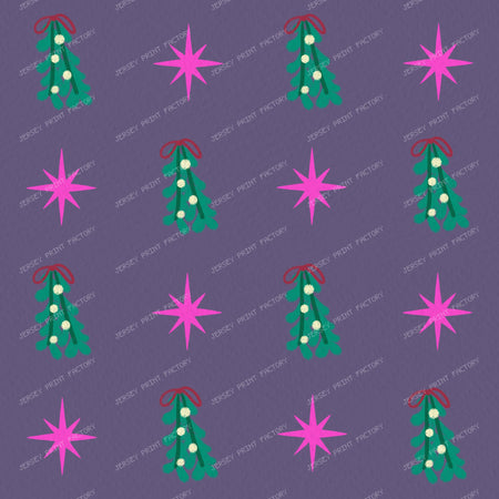 Whimsical Winter Mistletoe and Pink Stars on Purple — Muted purple