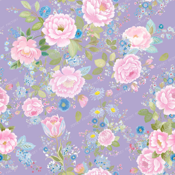 Pink Roses Garland French Country Rococo Pattern on Lavender Purple