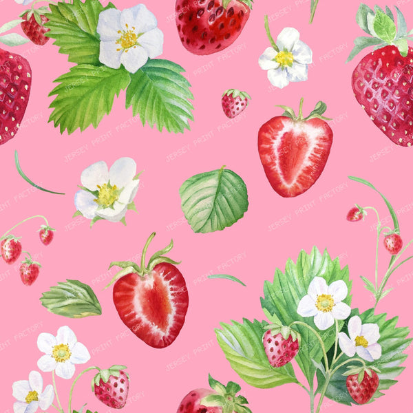 Strawberry Fruits and Flowers Cottagecore Floral Pattern on Coral Pink