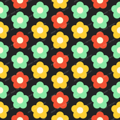 Simple Flowers Retro Pattern Multicolor on Black