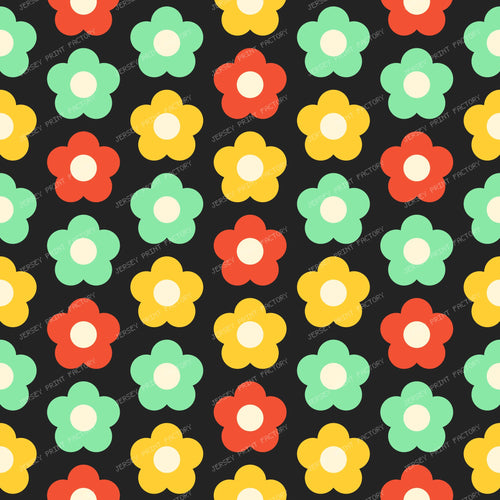 Simple Flowers Retro Pattern Multicolor on Black