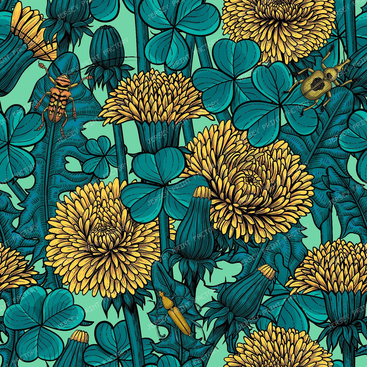Dandelions and clovers in green and yellow — in yellow and blue