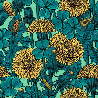 Dandelions and clovers in green and yellow — in yellow and blue