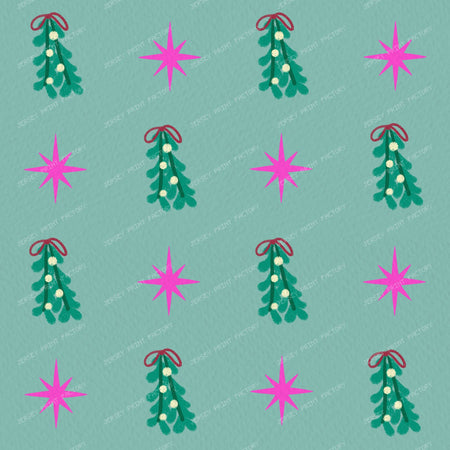 Whimsical Winter Mistletoe and Pink Stars on Purple — Sage Green