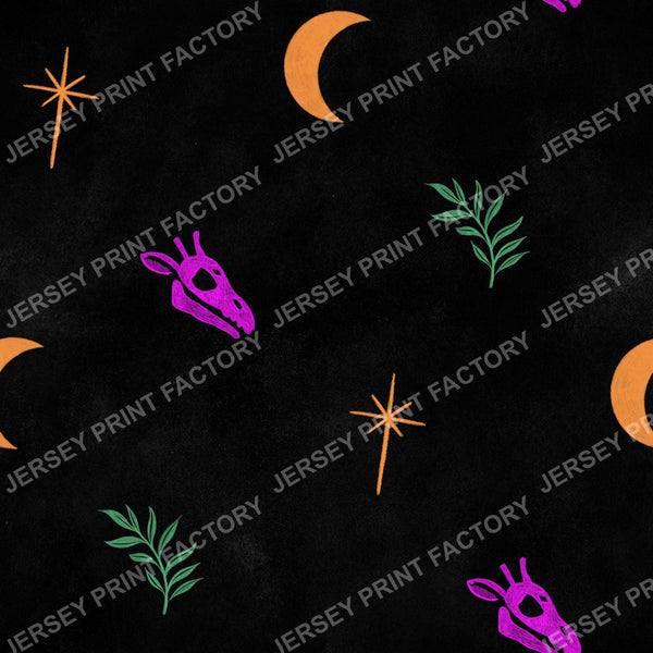 Halloween Animal Print, Pink Orange Green Giraffe Skull - with Moon and Stars