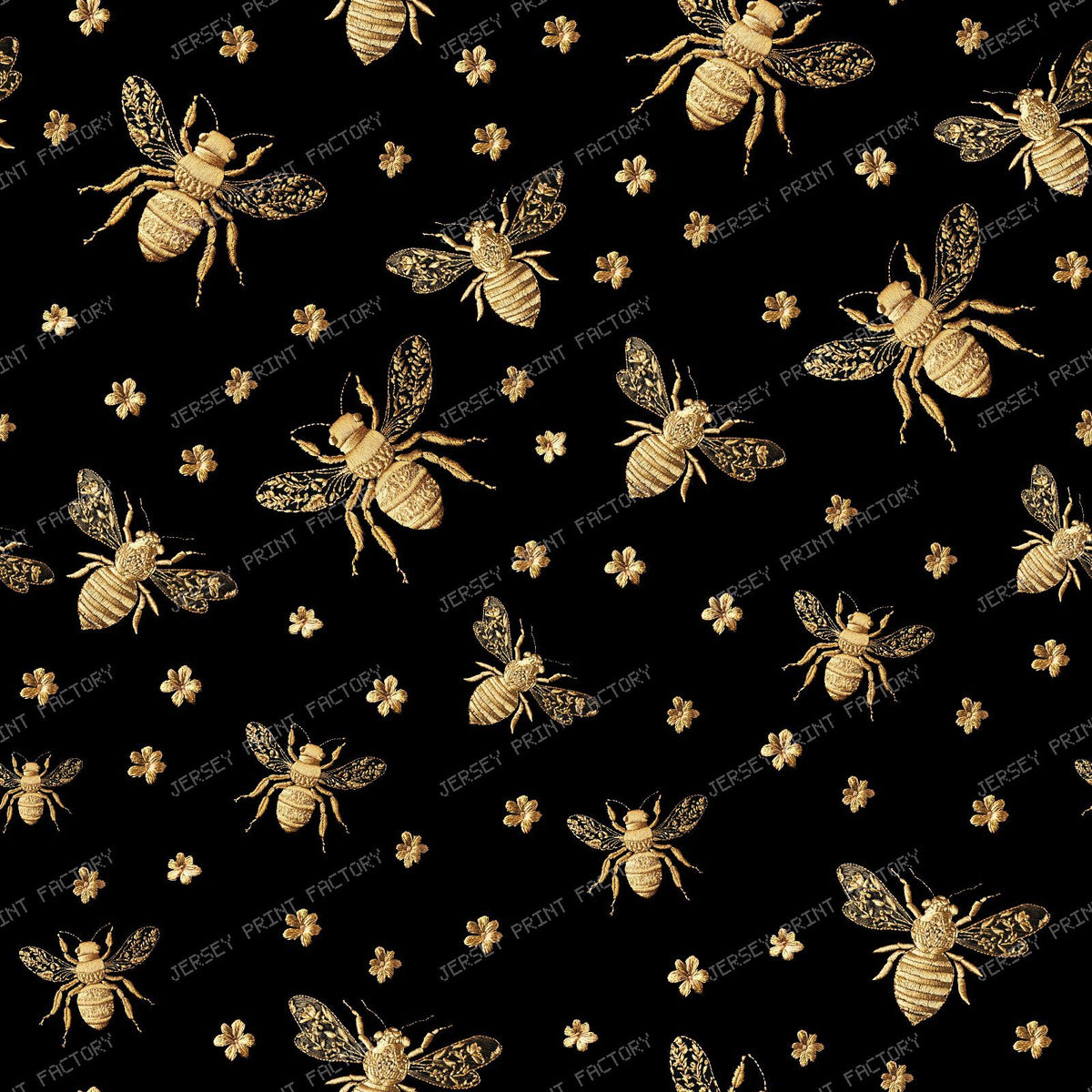 Vintage Golden Honey Bees and Tiny Flowers on Black with Victorian Charm- Gold
