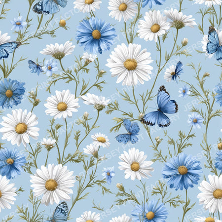 Boho Spring Garden Daisy Butterfly on Sky Blue