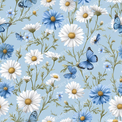 Boho Spring Garden Daisy Butterfly on Sky Blue