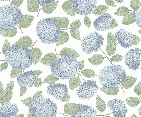 Blue Hydrangea Floral Coastal Grandma Cottage - Light Blue and Green — Blue Green White