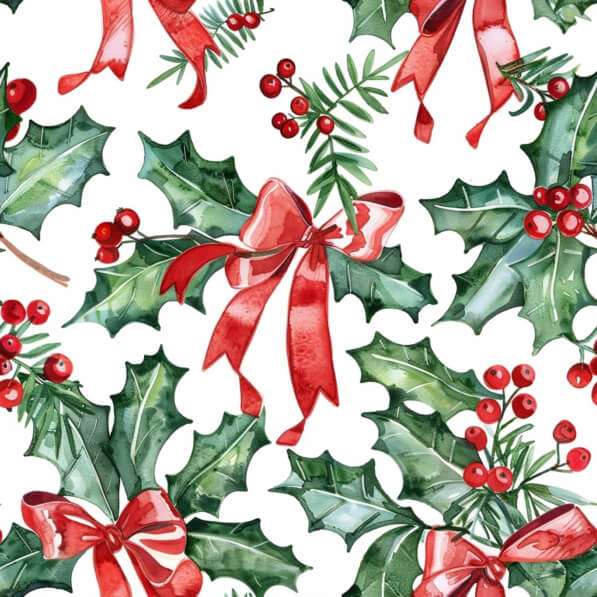 Festive Watercolor Holly & Red Bows