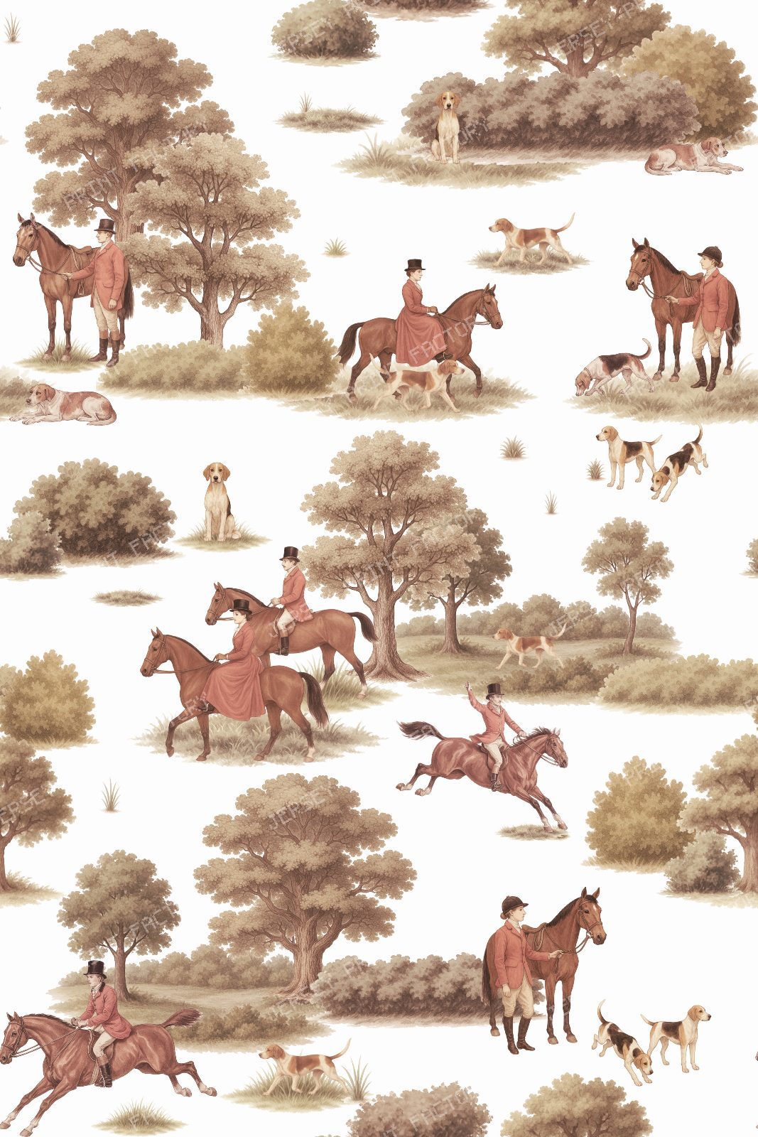 Vintage English Countryside Fox Hunt with Equestrian Riders, Hounds and Horses - White — Sepia