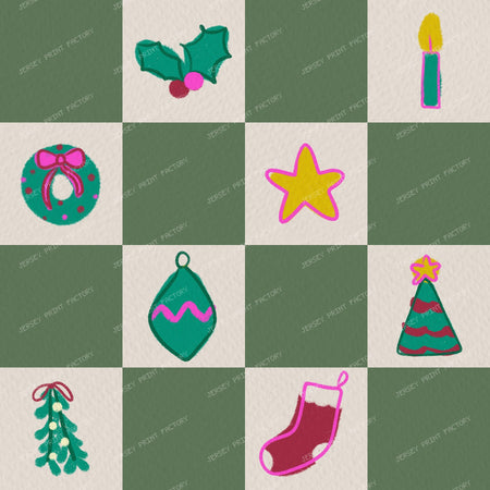 Christmas Checkerboard with Festive Doodles in Purple — Muted Green