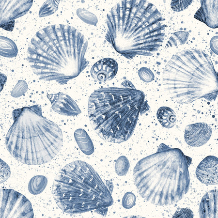 Watercolor sea shells navy blue seamless pattern. Hand drawn ocean background