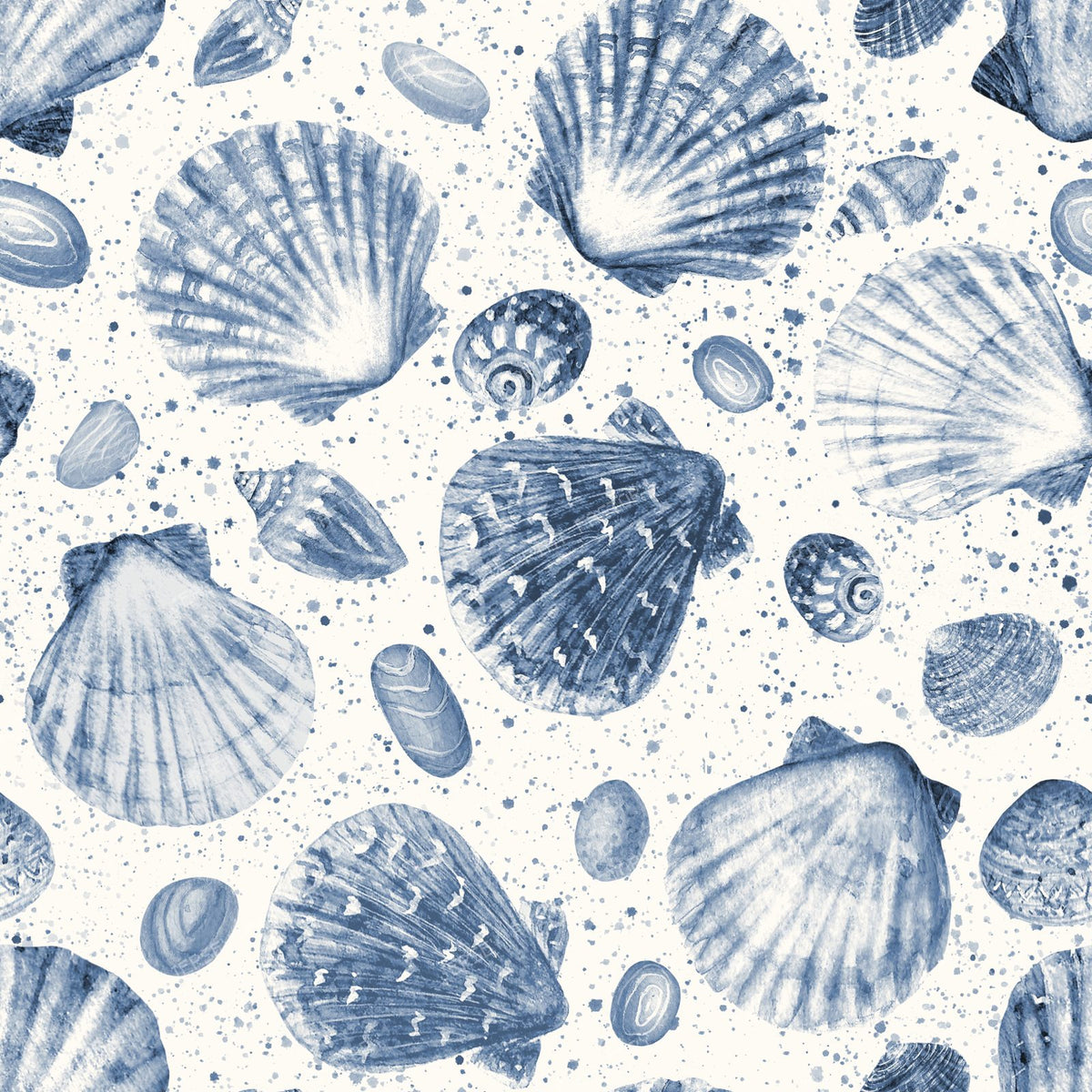 Watercolor sea shells navy blue seamless pattern. Hand drawn ocean background