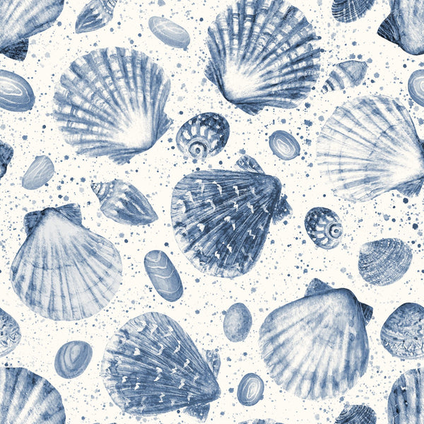Watercolor sea shells navy blue seamless pattern. Hand drawn ocean background