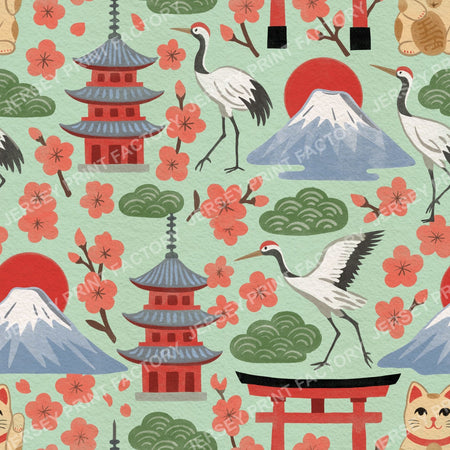Springtime Japan in Traditional Colours on Pastel Green
