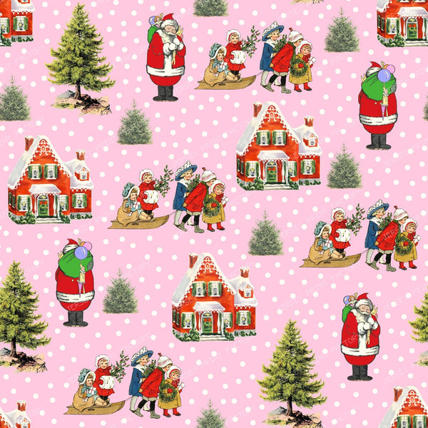Winter Holiday Scene with Santa Vintage Chic Cottagecore Pattern for Christmas on Pink Background
