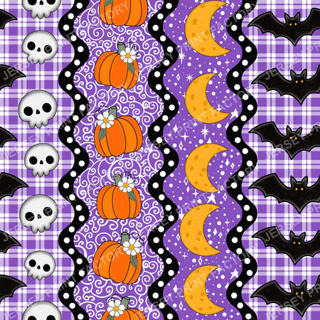 Halloween Patchwork Stripes with Bats Skulls Pumpkins and Moons in Purple