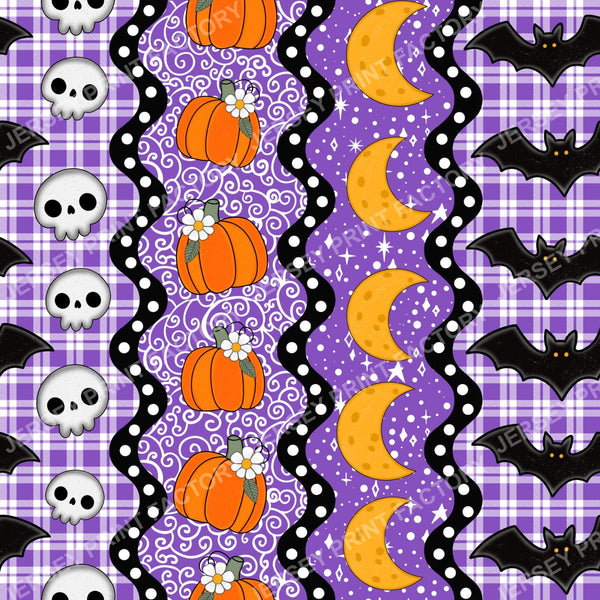 Halloween Patchwork Stripes with Bats Skulls Pumpkins and Moons in Purple