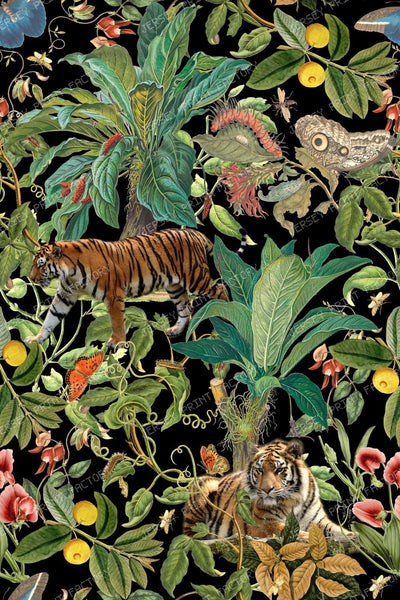 Tiger In The  Tropical Jungle  Maximalist Vintage Chic  Botanical Pattern - Light — Black