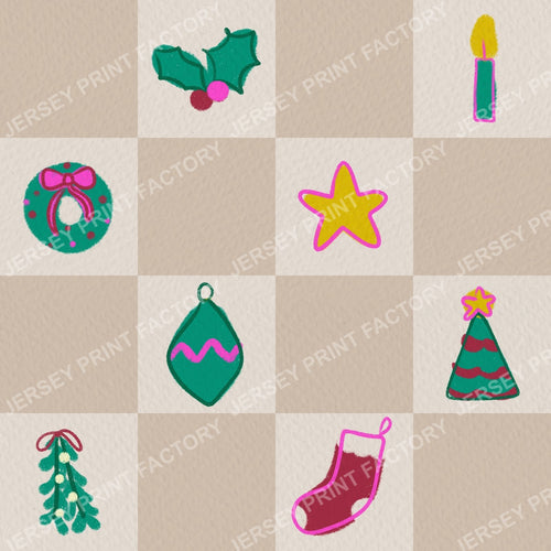 Christmas Checkerboard with Festive Doodles in Taupe Beige