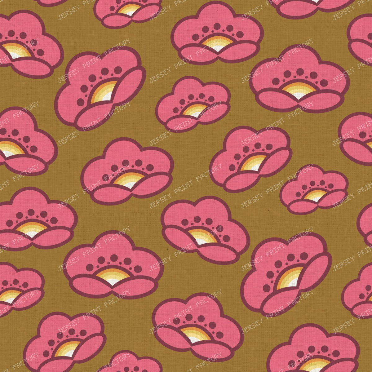 1970s Pink Mod Flowers - Retro Floral on Cool Gray — on Mustard