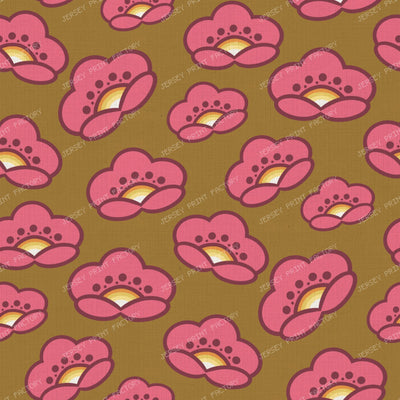 1970s Pink Mod Flowers   Retro Floral On Cool Gray — on Mustard