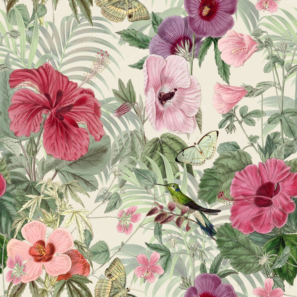 Tropical Garden with Pink Hibiscus Flowers on Cream