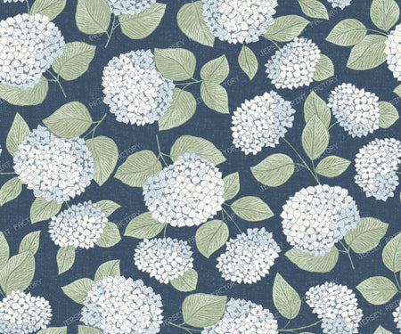 Blue Hydrangea Floral Coastal Grandma Cottage - Light Blue and Green — Navy Blue and Green