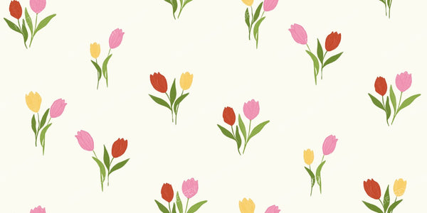Blooming Colorful Tulip florals in pink red and yellow on cream