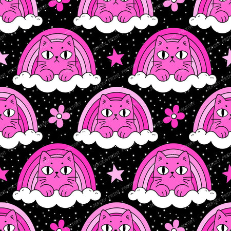 Funny Pink Grumpy Cat  in Rainbow Cloud  on Black