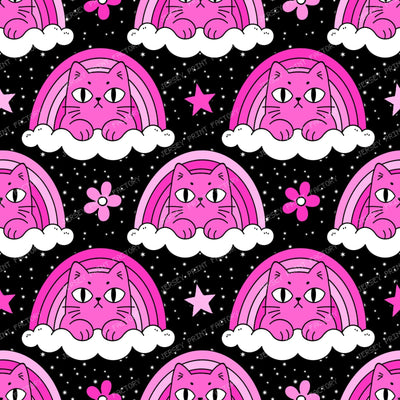 Funny Pink Grumpy Cat  in Rainbow Cloud  on Black