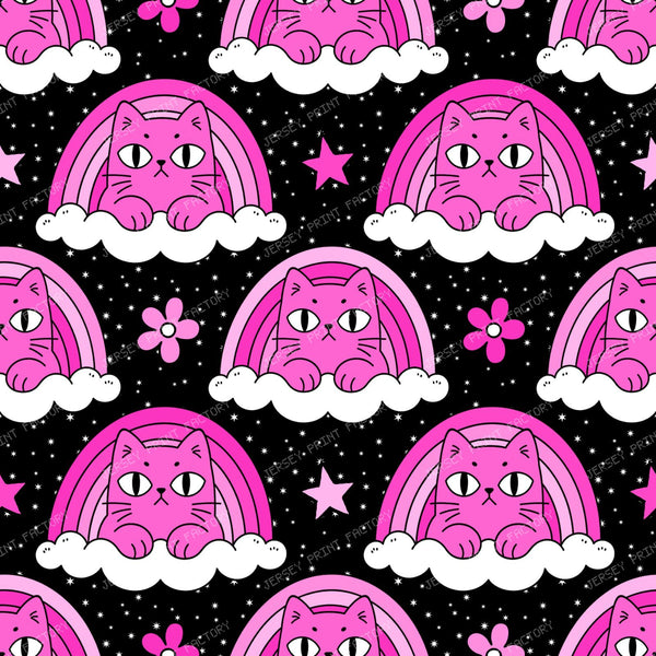 Funny Pink Grumpy Cat  in Rainbow Cloud  on Black