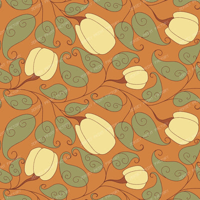 Scrolling Pumpkin Vine Fall Botanical/ Old Harves Lane Orange and Butter Yellow