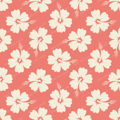 Hibiscus Tropical Floral Pattern Ivory on Coral