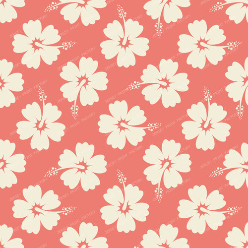 Hibiscus Tropical Floral Pattern Ivory on Coral