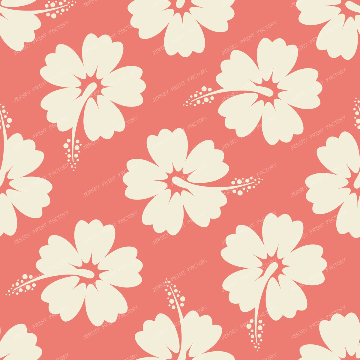 Hibiscus Tropical Floral Pattern Ivory on Coral